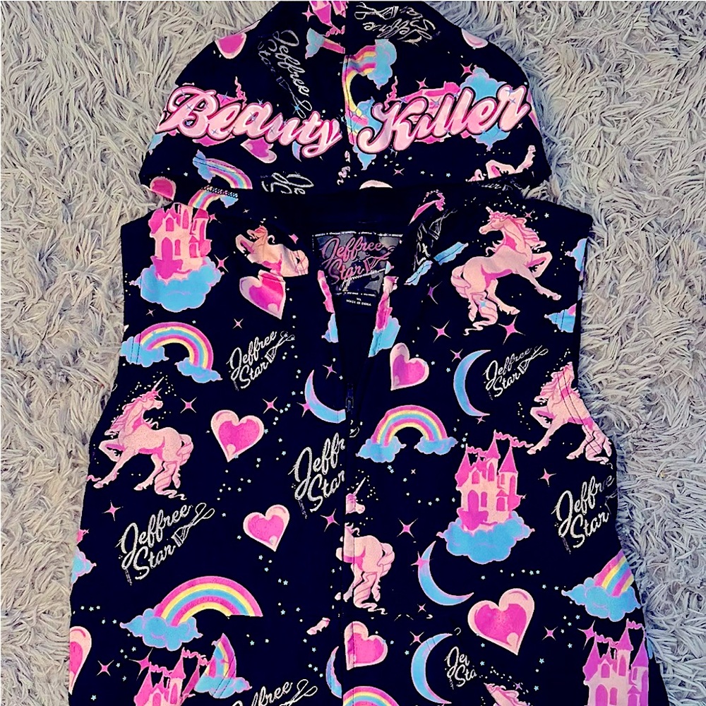 Jeffree Star Unicorn Rainbow Beauty Killer Sleeveless Hooded Vest with zipper